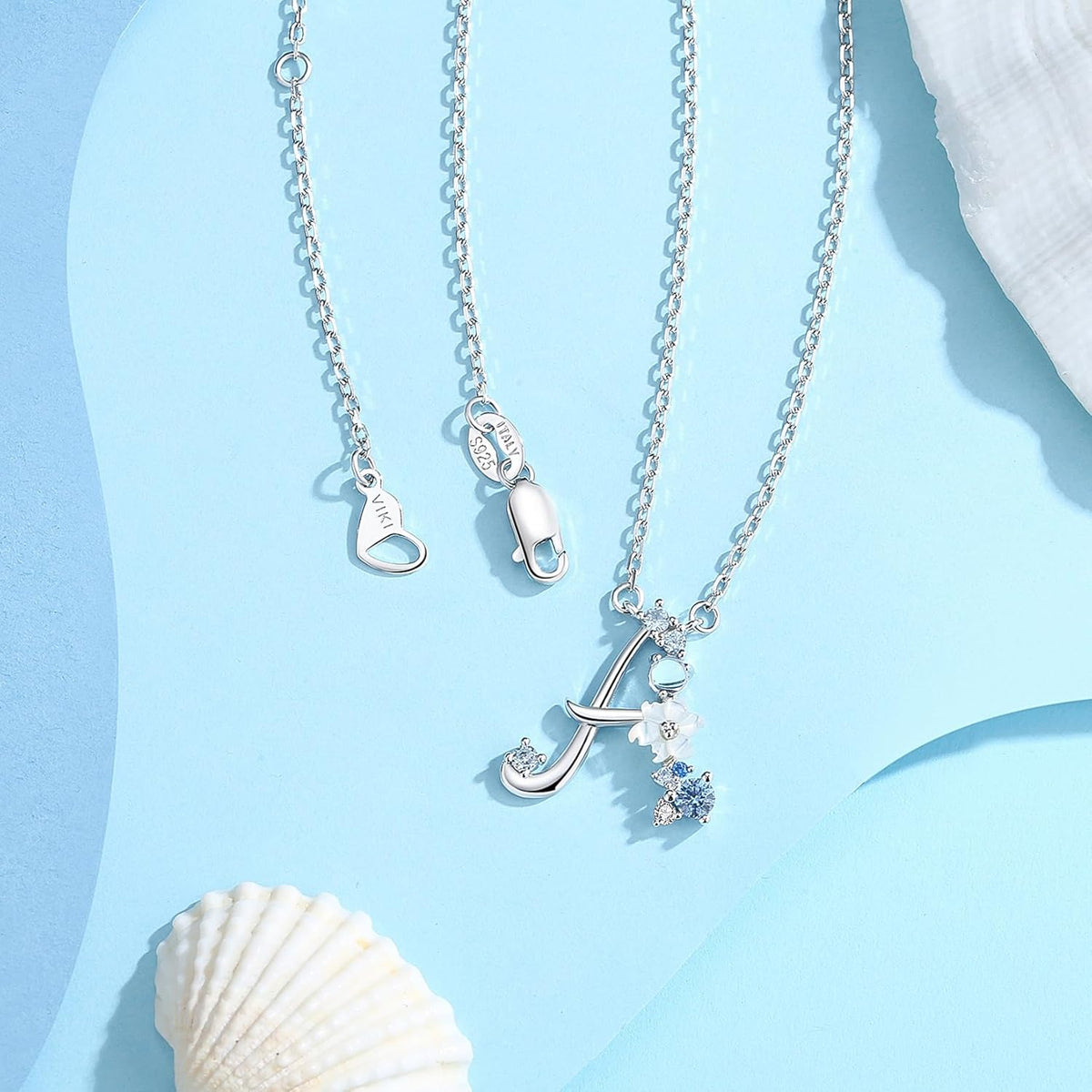 Initial Necklace for Women 925 Sterling Silver Initial a to Z Letter Pendant Necklace with Blue Flower Cubic Zirconia Birthday Engagement Gift for Women,Mom, Couple