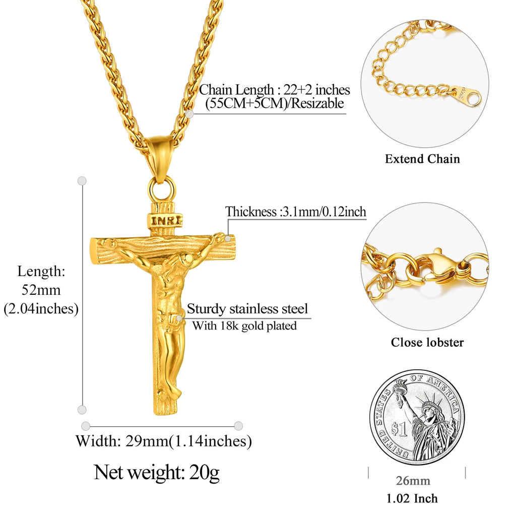 Gold Plated Cross Necklaces for Men Stainless Steel INRI Crucifix Pendant Necklace Jesus Piece Christian Religious Birthday Easter Basket Stuffers Jewelry Gifts Him Son