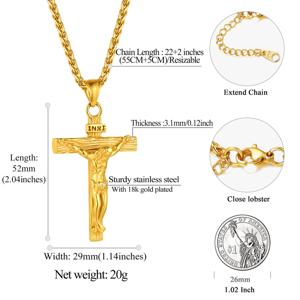 Gold Plated Cross Necklaces for Men Stainless Steel INRI Crucifix Pendant Necklace Jesus Piece Christian Religious Birthday Easter Basket Stuffers Jewelry Gifts Him Son