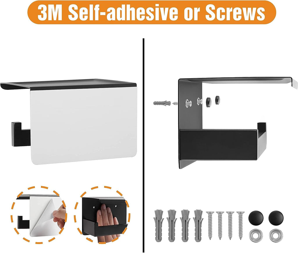 Toilet Paper Holder with Shelf, Stick on Matte Black Toilet Paper Roll Holder, Self Adhesive or Wall-Mount with Screws for Bathroom,Washroom (Pack of 2)
