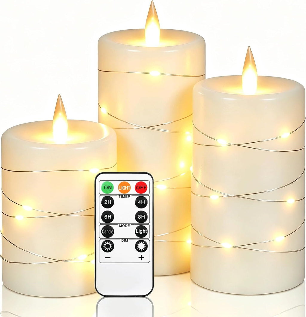 3 Pack Ivory Real Wax Flameless Taper Candles, Lifelike Flickering LED Flame Candles with Surrounding Copper String Lights, Soft Warm Battery Candles with Remote for Home Wedding Holiday Decor