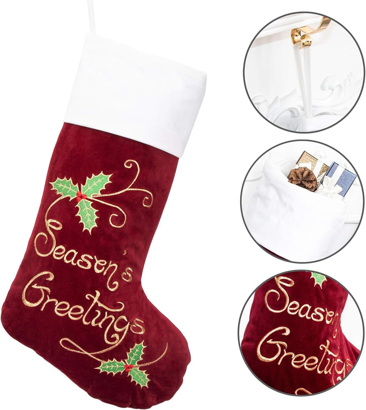 GEX Christmas Stockings 6 Pack for Family 22" Large Embroidered Classic Luxury Velvet Red Green Purple Blue Grey Brown Decorations for Fireplace Xmas Season (Set of 6)