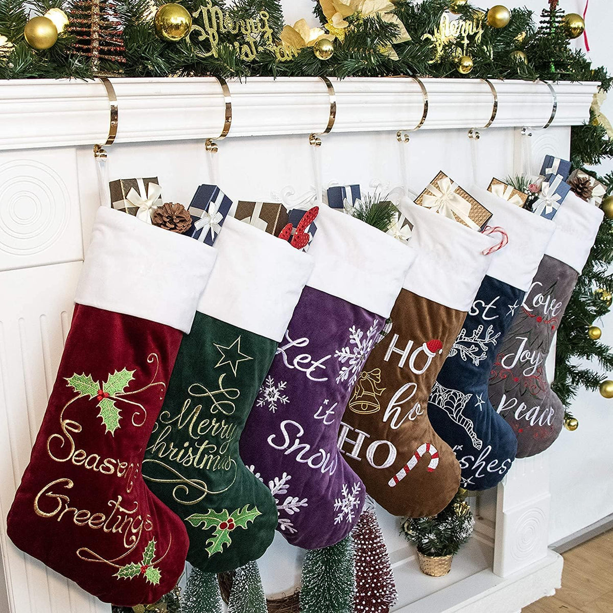 GEX Christmas Stockings 6 Pack for Family 22" Large Embroidered Classic Luxury Velvet Red Green Purple Blue Grey Brown Decorations for Fireplace Xmas Season (Set of 6)