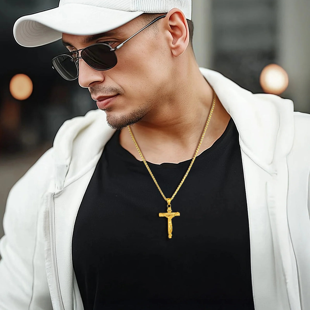 Gold Plated Cross Necklaces for Men Stainless Steel INRI Crucifix Pendant Necklace Jesus Piece Christian Religious Birthday Easter Basket Stuffers Jewelry Gifts Him Son