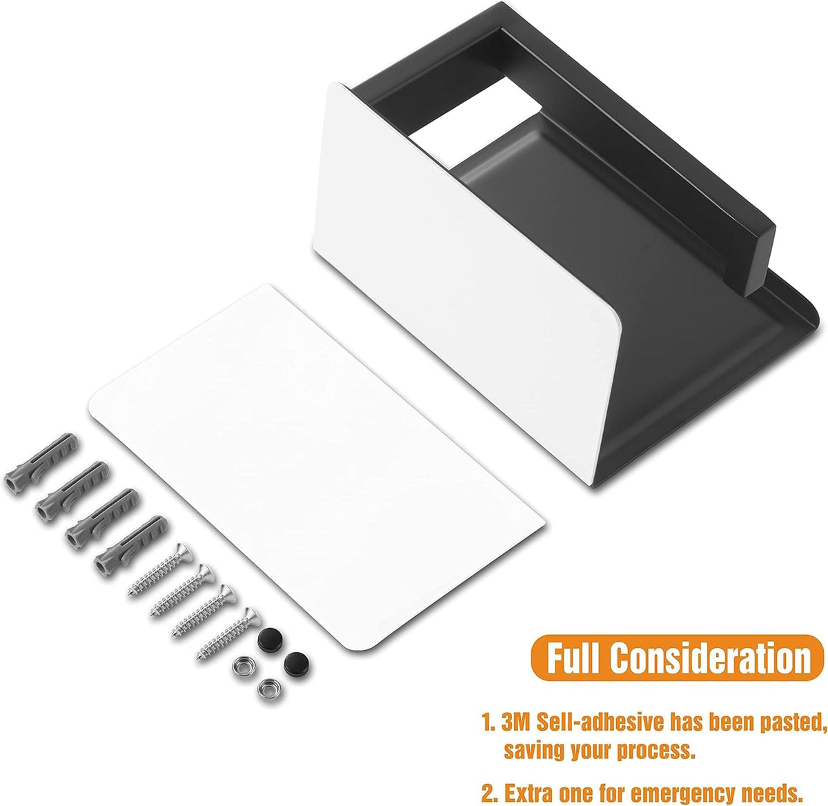 Toilet Paper Holder with Shelf, Stick on Matte Black Toilet Paper Roll Holder, Self Adhesive or Wall-Mount with Screws for Bathroom,Washroom (Pack of 2)