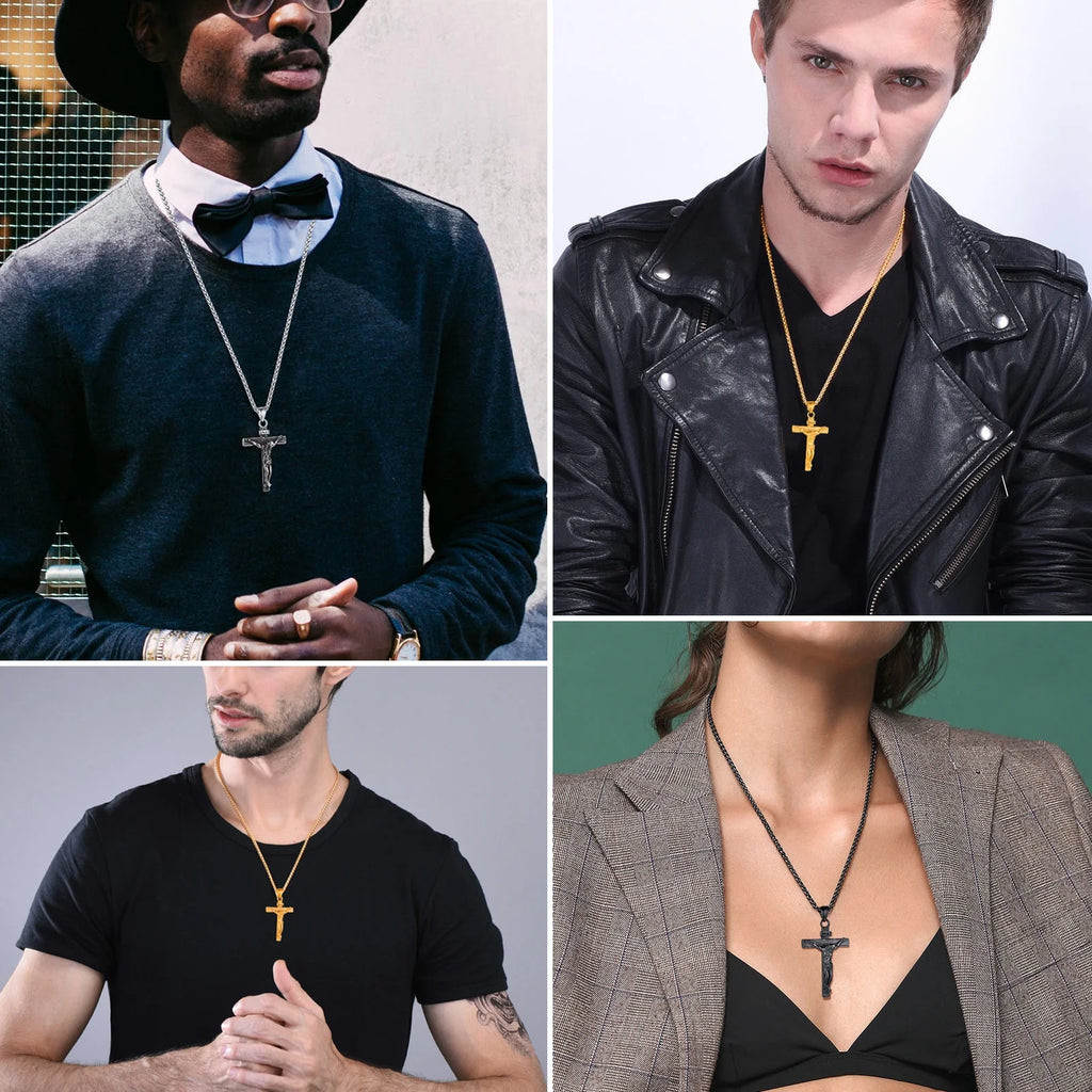 Gold Plated Cross Necklaces for Men Stainless Steel INRI Crucifix Pendant Necklace Jesus Piece Christian Religious Birthday Easter Basket Stuffers Jewelry Gifts Him Son