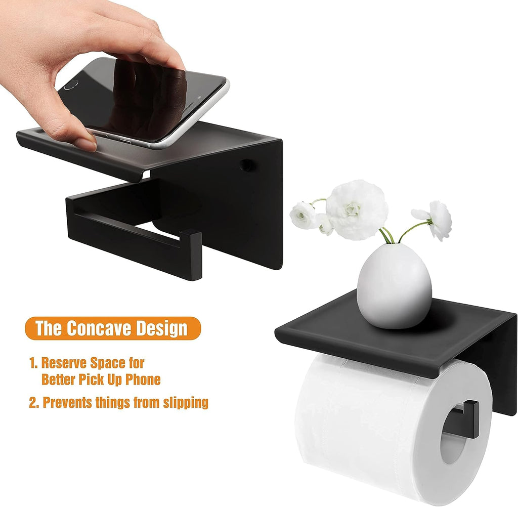 Toilet Paper Holder with Shelf, Stick on Matte Black Toilet Paper Roll Holder, Self Adhesive or Wall-Mount with Screws for Bathroom,Washroom (Pack of 2)