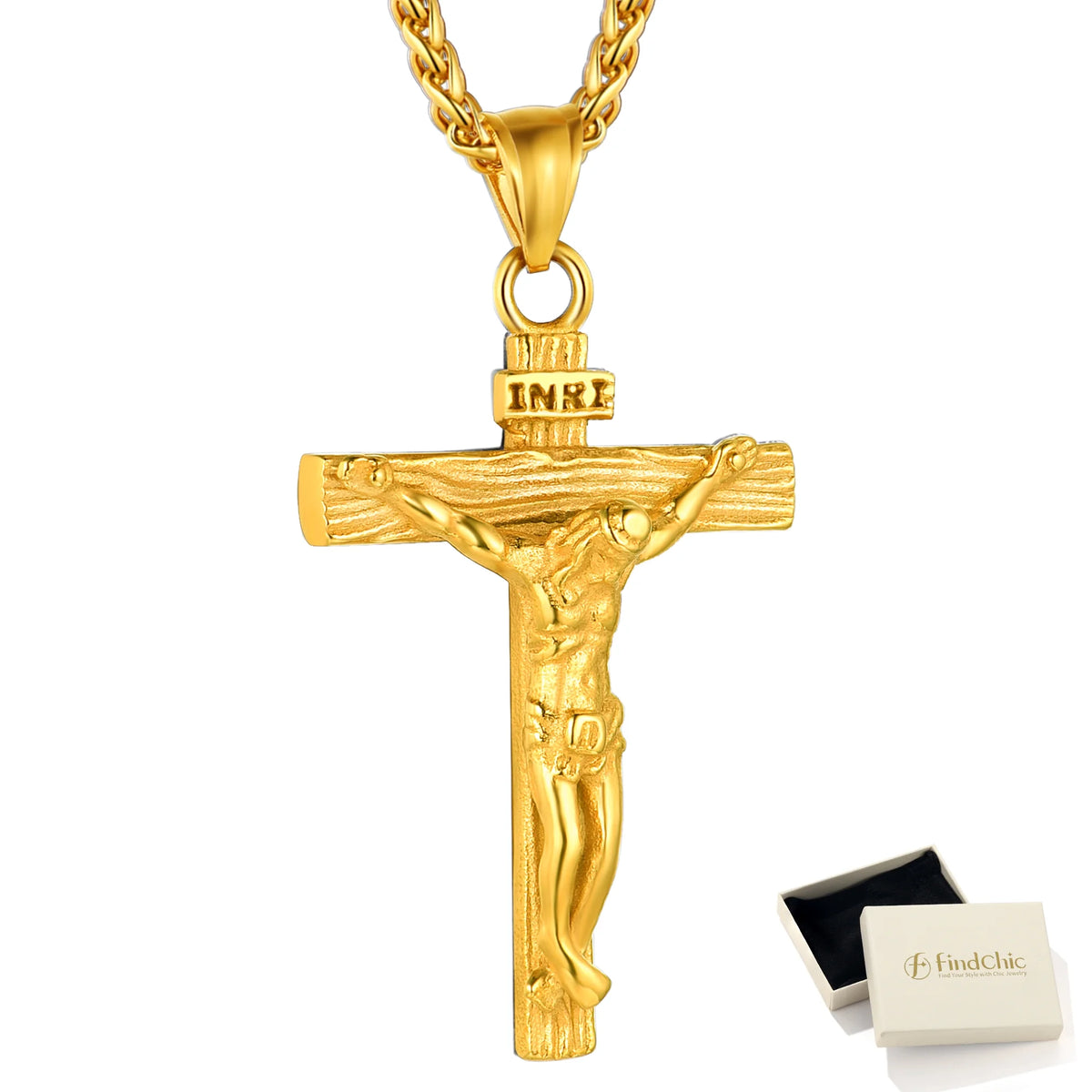 Gold Plated Cross Necklaces for Men Stainless Steel INRI Crucifix Pendant Necklace Jesus Piece Christian Religious Birthday Easter Basket Stuffers Jewelry Gifts Him Son