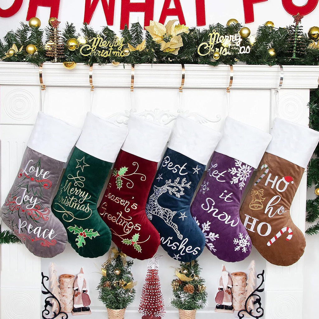 GEX Christmas Stockings 6 Pack for Family 22" Large Embroidered Classic Luxury Velvet Red Green Purple Blue Grey Brown Decorations for Fireplace Xmas Season (Set of 6)