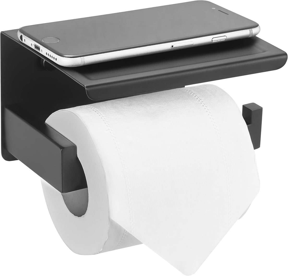 Toilet Paper Holder with Shelf, Stick on Matte Black Toilet Paper Roll Holder, Self Adhesive or Wall-Mount with Screws for Bathroom,Washroom (Pack of 2)