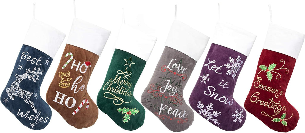 GEX Christmas Stockings 6 Pack for Family 22" Large Embroidered Classic Luxury Velvet Red Green Purple Blue Grey Brown Decorations for Fireplace Xmas Season (Set of 6)