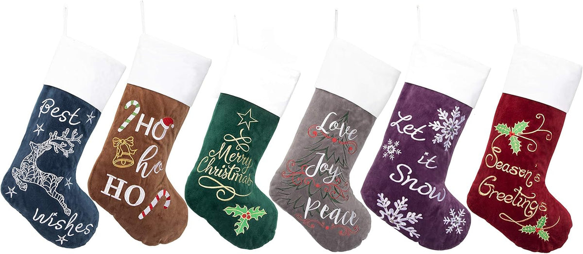 GEX Christmas Stockings 6 Pack for Family 22" Large Embroidered Classic Luxury Velvet Red Green Purple Blue Grey Brown Decorations for Fireplace Xmas Season (Set of 6)