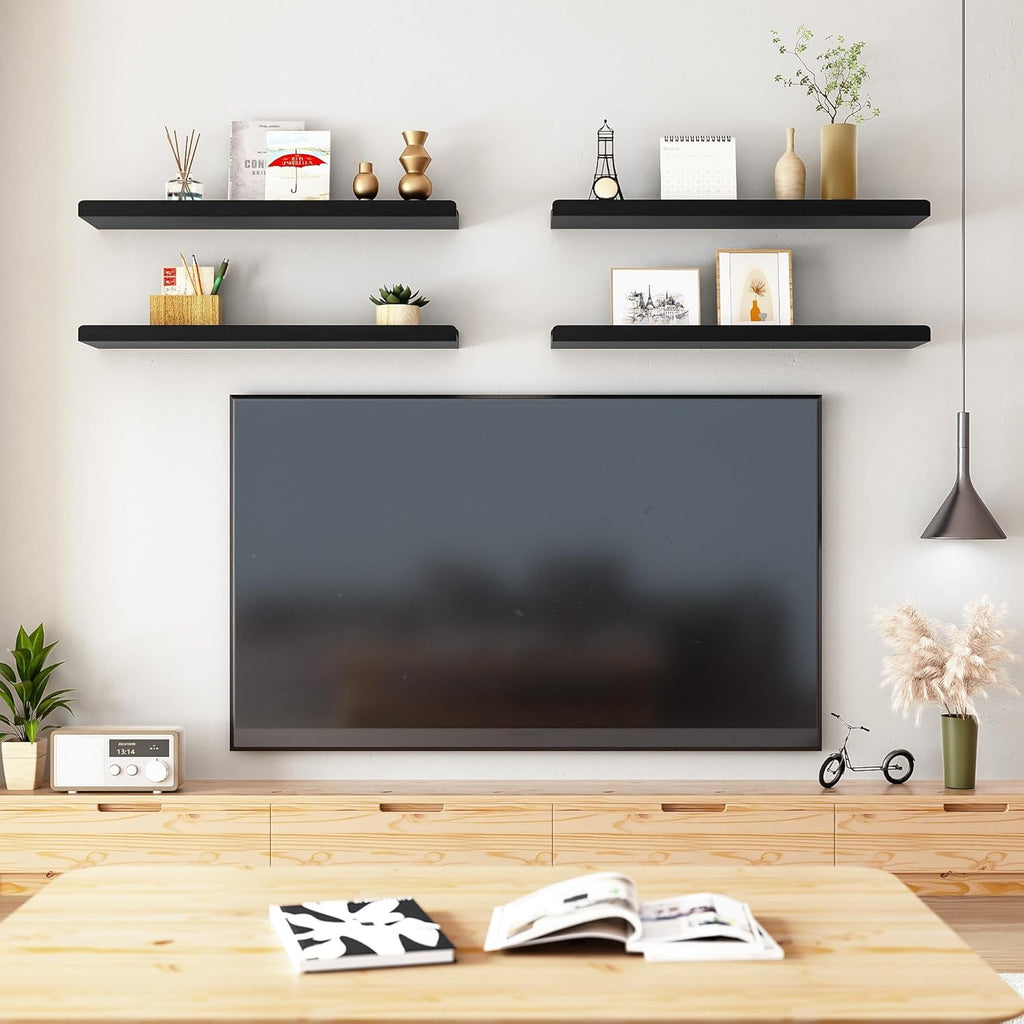 24" Black Floating Wall Shelves with Lip,Solid Wood,Set of 4