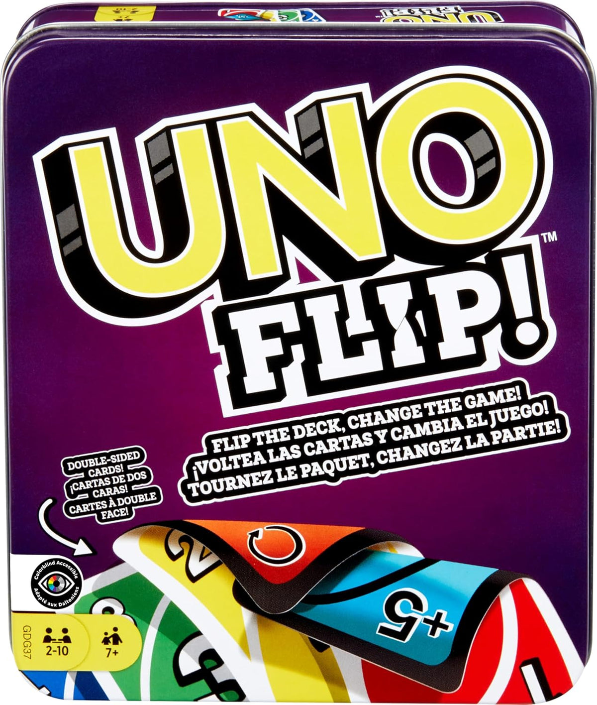 UNO FLIP! Card Game in Storage Tin,Ages 7+, 2-10 Players