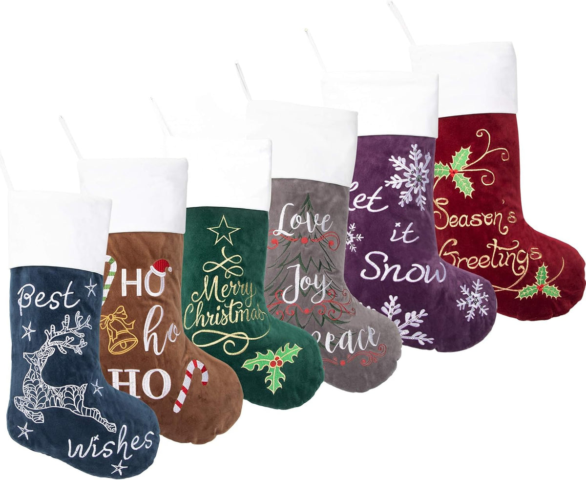 GEX Christmas Stockings 6 Pack for Family 22" Large Embroidered Classic Luxury Velvet Red Green Purple Blue Grey Brown Decorations for Fireplace Xmas Season (Set of 6)