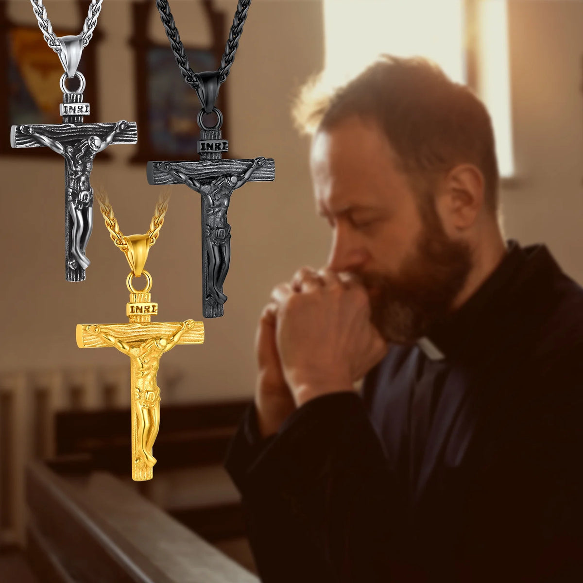 Gold Plated Cross Necklaces for Men Stainless Steel INRI Crucifix Pendant Necklace Jesus Piece Christian Religious Birthday Easter Basket Stuffers Jewelry Gifts Him Son