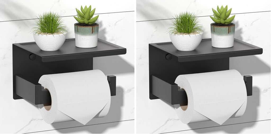 Toilet Paper Holder with Shelf, Stick on Matte Black Toilet Paper Roll Holder, Self Adhesive or Wall-Mount with Screws for Bathroom,Washroom (Pack of 2)