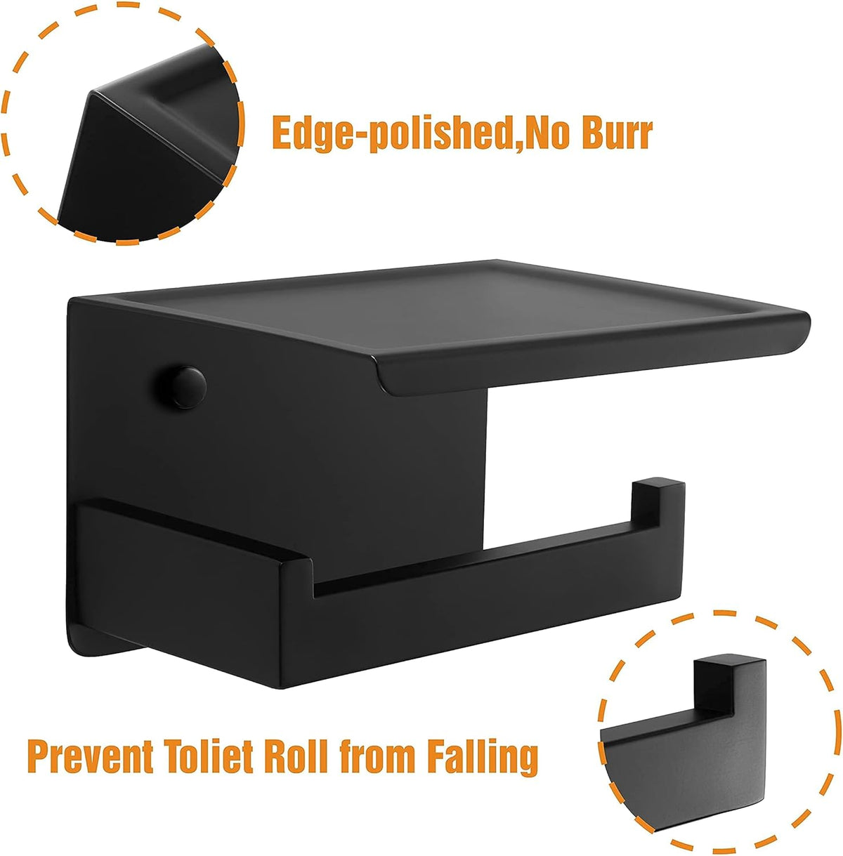 Toilet Paper Holder with Shelf, Stick on Matte Black Toilet Paper Roll Holder, Self Adhesive or Wall-Mount with Screws for Bathroom,Washroom (Pack of 2)