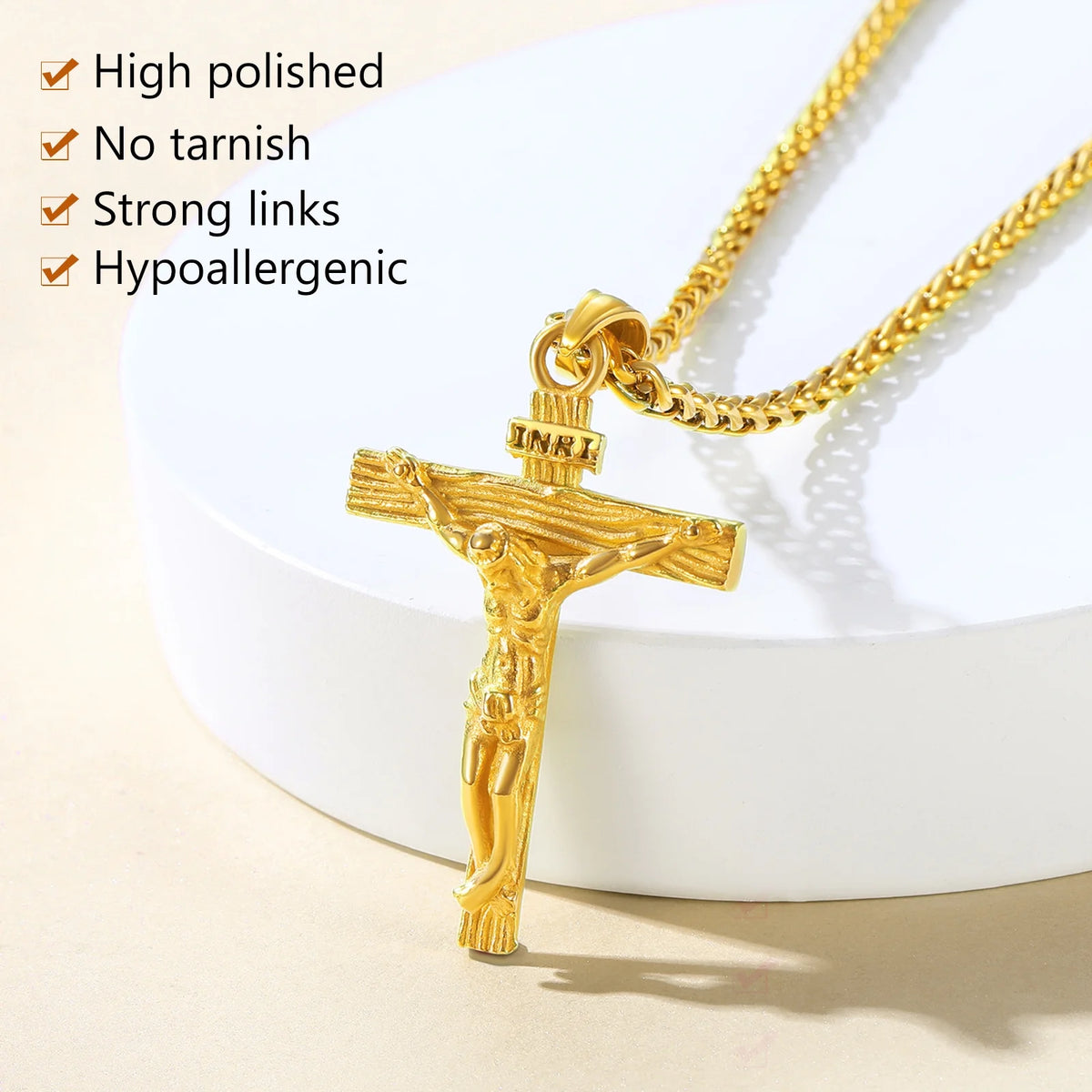 Gold Plated Cross Necklaces for Men Stainless Steel INRI Crucifix Pendant Necklace Jesus Piece Christian Religious Birthday Easter Basket Stuffers Jewelry Gifts Him Son